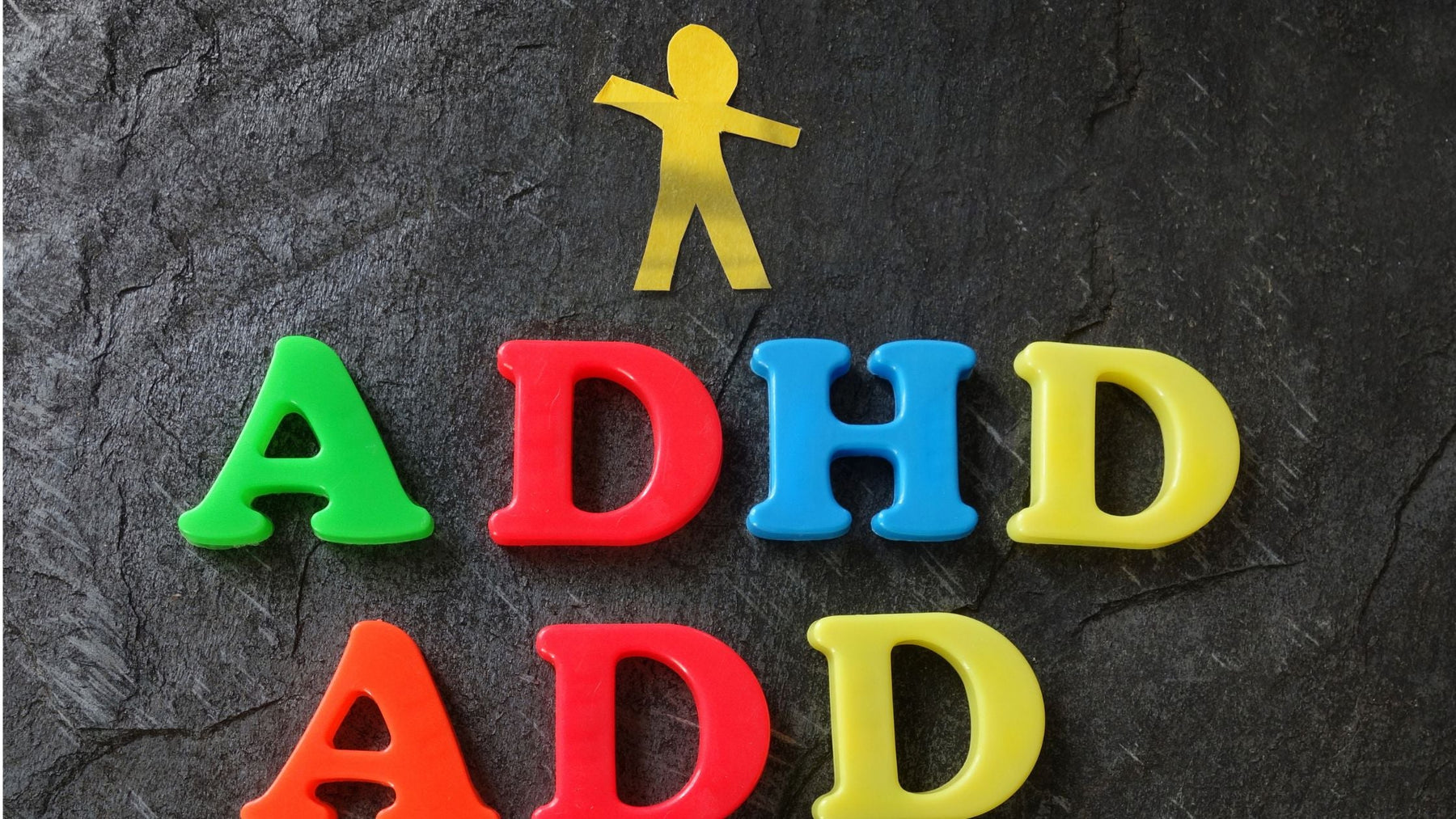 ADHD and ADD represented with colourful letters on a dark background, illustrating childhood attention-deficit disorders and mental health awareness.