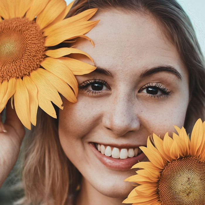 A happy woman smiling with sunflowers representing a brighter mood and recovery from burnout.