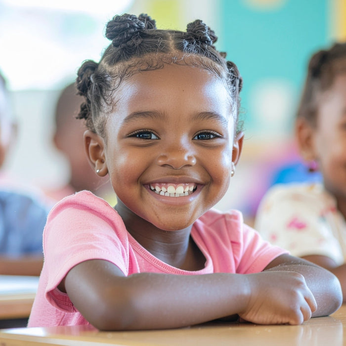Three young children sitting at desks in a classroom, smiling broadly, looking healthy and happy.