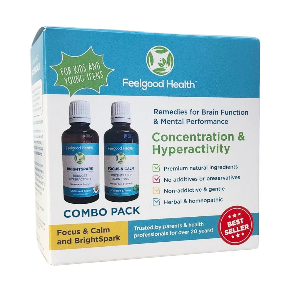 Feelgood Health BrightSpark + Focus & Calm Combo Box - Natural Herbal Concentration Supplements - Homeopathic Remedy for ADHD Hyperactivity