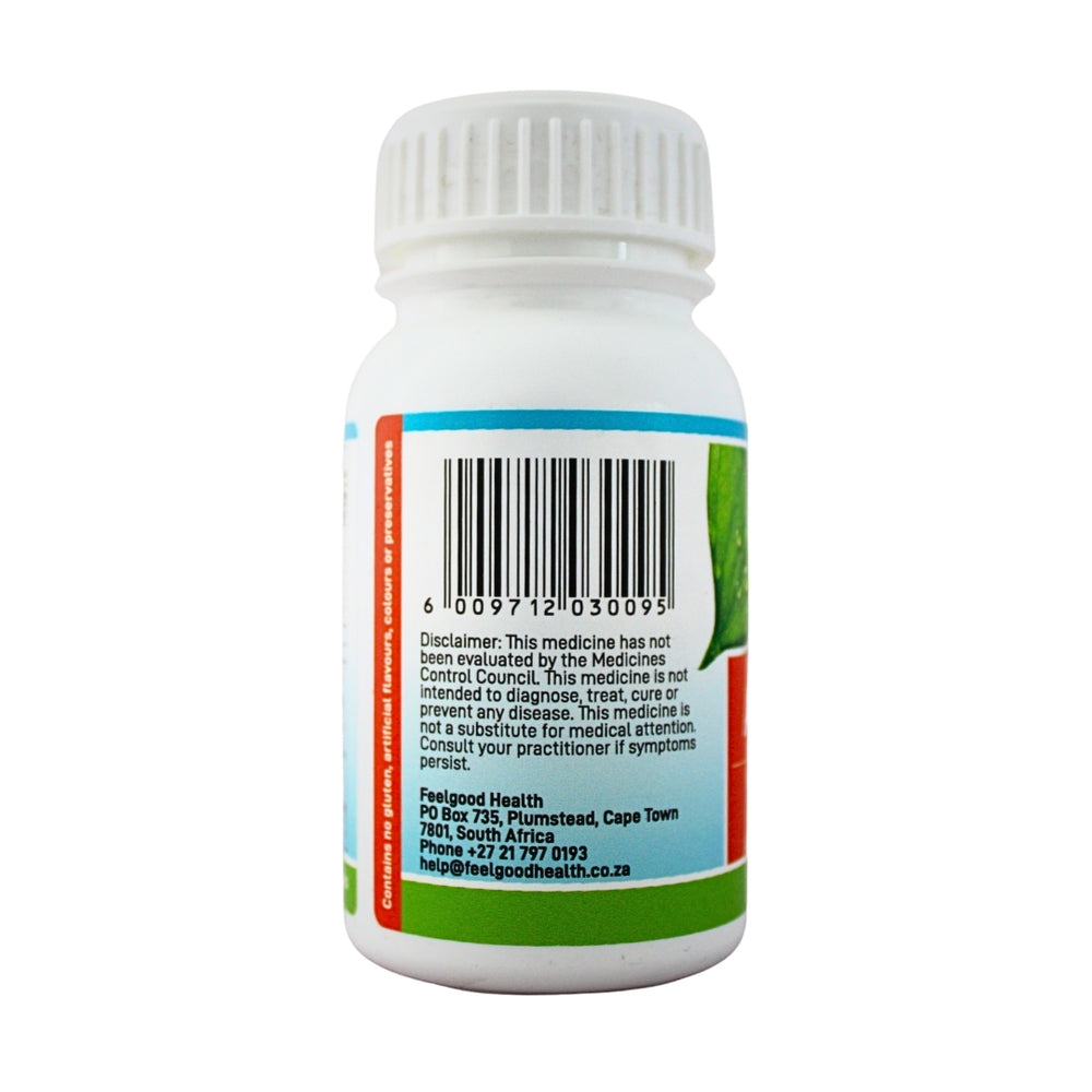 Feelgood Health AllergiClear bottle left view showing barcode and product information