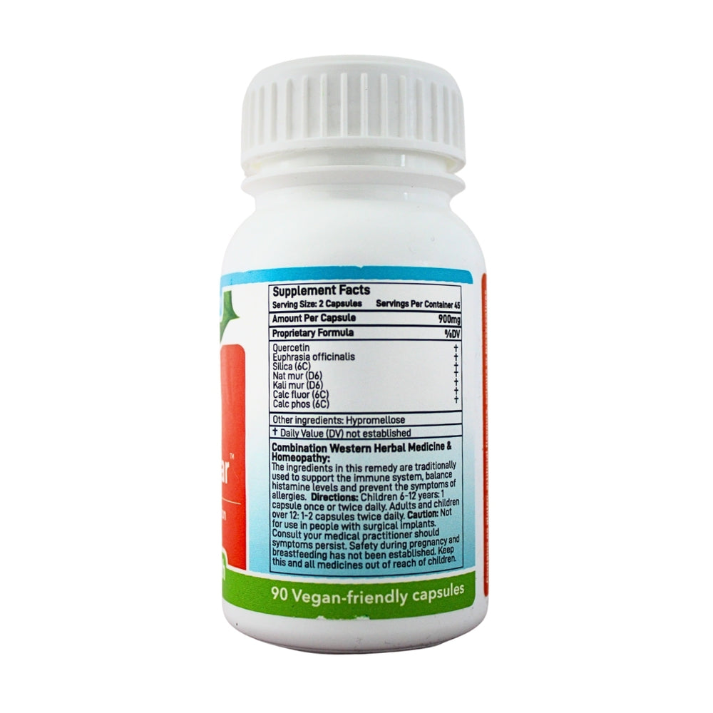Feelgood Health AllergiClear bottle showing the ingredients label with directions for use and supplement facts.