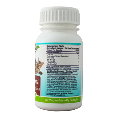 Feelgood Health AllergiClear Pets bottle showing the ingredients label with directions for use and supplement facts.