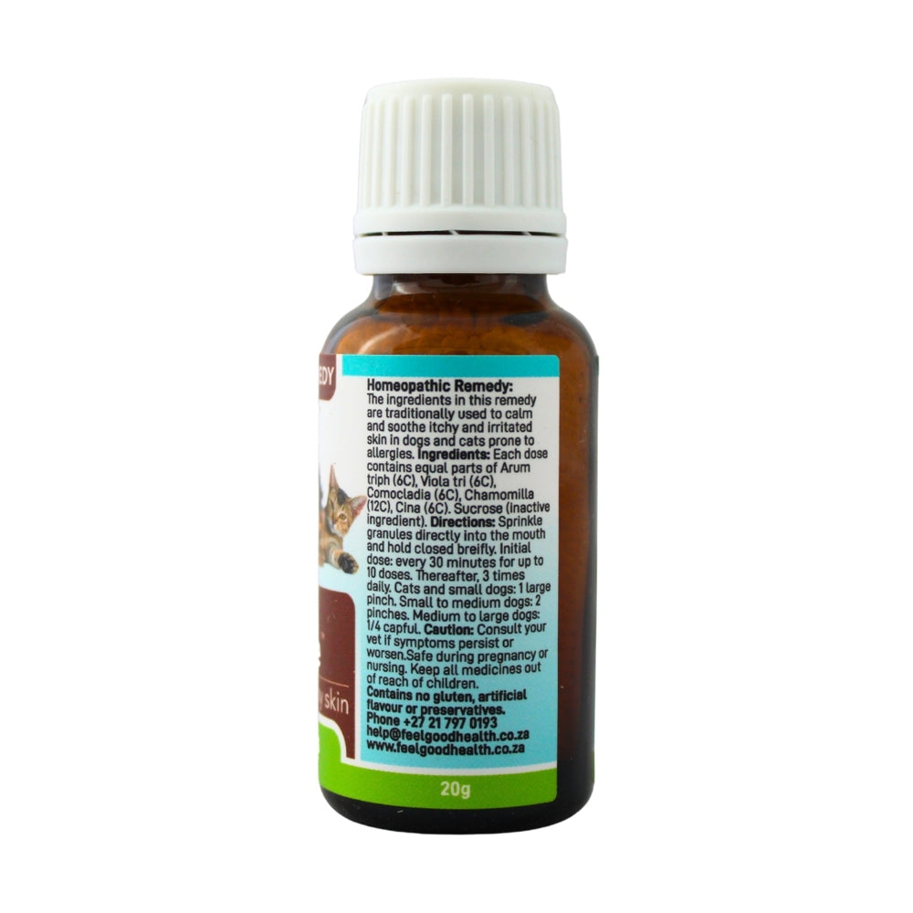 Feelgood Health Allergy Itch Ease bottle showing the ingredients label with directions for use and supplement facts.