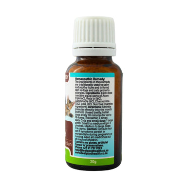 Feelgood Health Allergy Itch Ease bottle showing the ingredients label with directions for use and supplement facts.