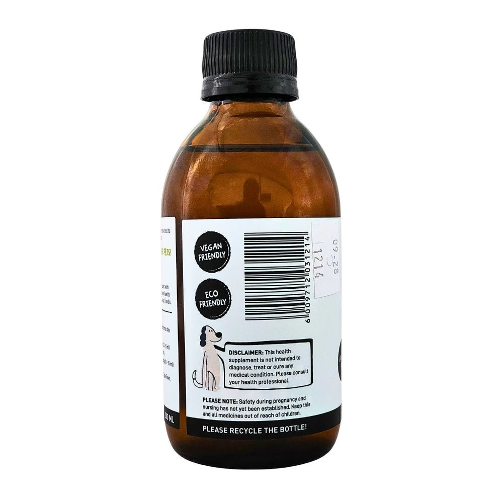 Devoted by Nature Flaxseed Oil 200ml bottle left view showing barcode and product information