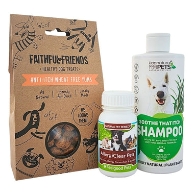 No itchy doggies with this super-power trio: Anti Itch Wheat Free Yums + Allergy Clear Pets + Anti-Itch Shampoo and Conditioner