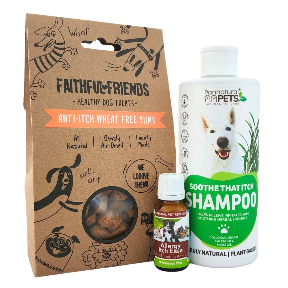 No itchy doggies with this super-power trio: Anti Itch Wheat Free Yums + Allergy Itch Ease + Itch Relief Shampoo and Conditioner
