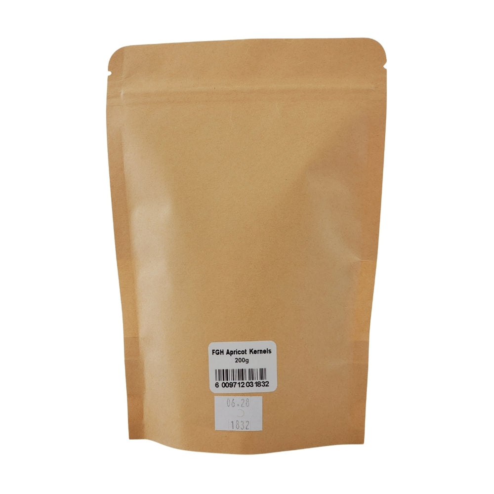 Back view Feelgood Health Apricot Kernels 200g in a brown resealable pouch