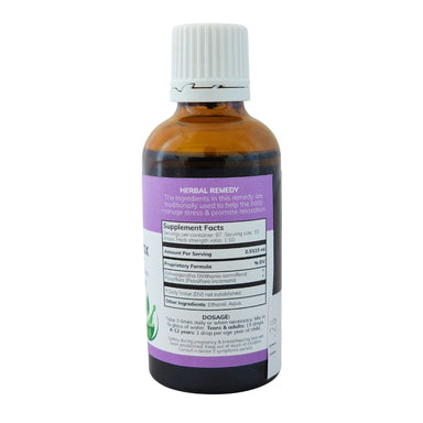 Feelgood Health AshwaRelax herbal tincture 50ml bottle showing the ingredients label with directions for use and supplement facts.