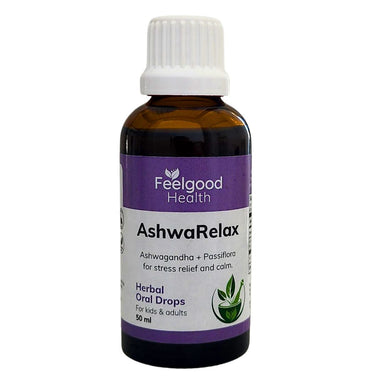 Feelgood Health AshwaRelax 50ml bottle, a herbal oral drop supplement with Ashwagandha and Passiflora for stress relief and calm, suitable for kids and adults.