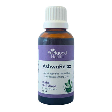 Feelgood Health AshwaRelax 50ml bottle, a herbal oral drop supplement with Ashwagandha and Passiflora for stress relief and calm, suitable for kids and adults.