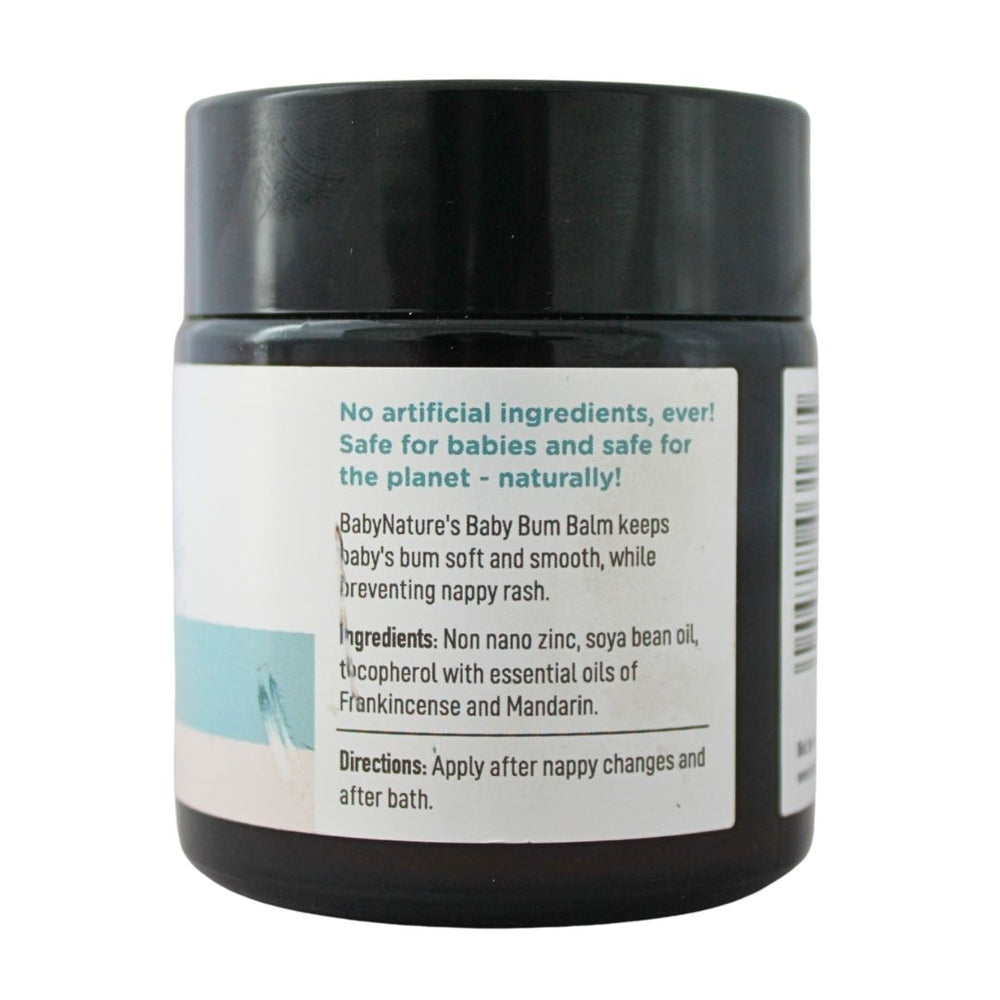 Baby Nature Baby Bum Balm jar showing ingredients, directions, and claims that it contains no artificial ingredients and is safe for babies.