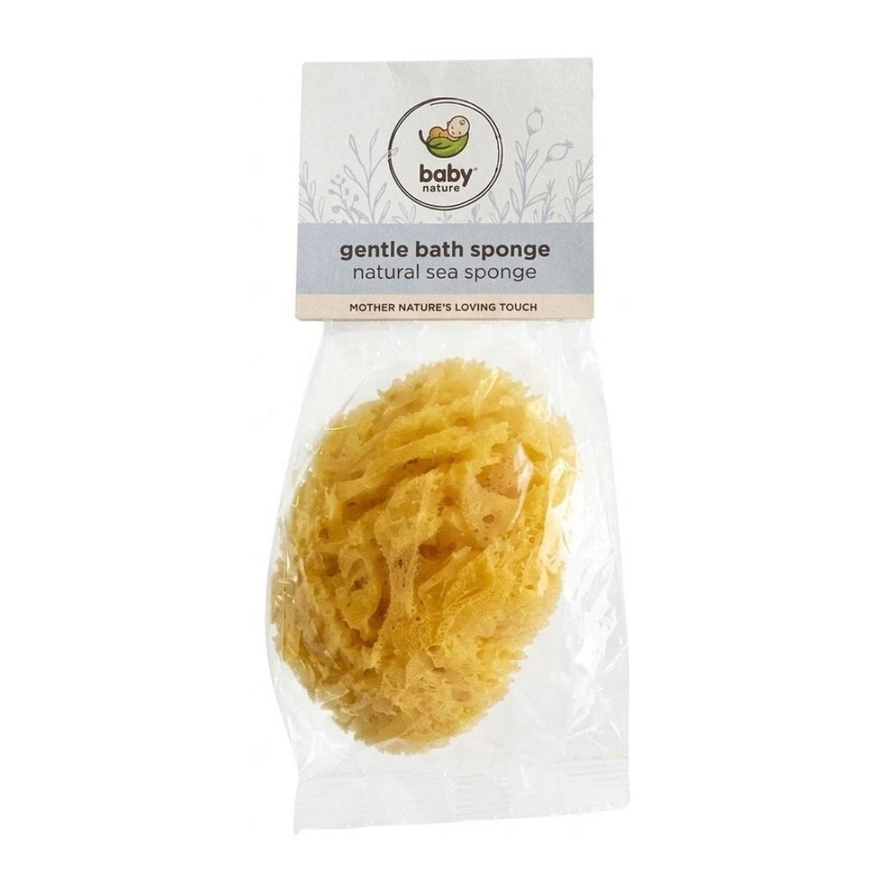 BabyNature Gentle Bath Sponge made from natural sea sponge, shown in yellow with its original packaging.