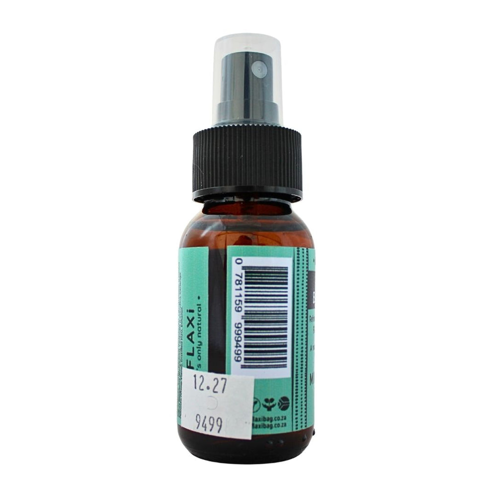 FLAXi Becalm Mist bottle with green label, barcode and product sticker.