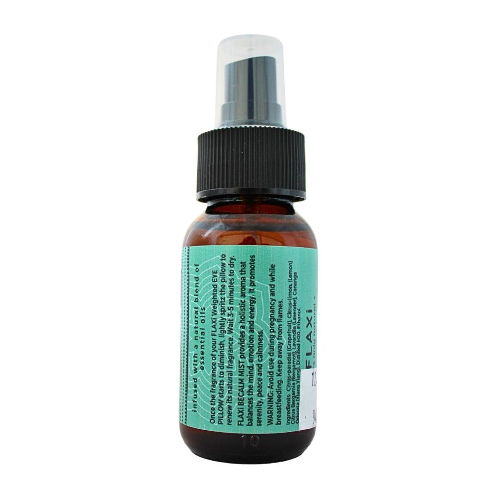 FLAXi Becalm Mist label with usage instructions and essential oil ingredients.
