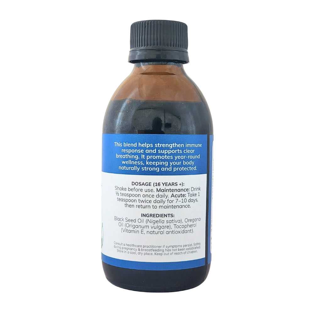 Feelgood Health Black Seed + Oregano Oil bottle showing the ingredients label with directions for use and supplement facts.