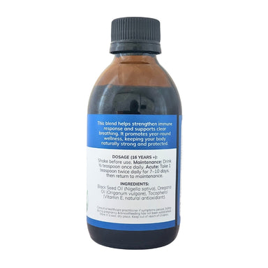 Feelgood Health Black Seed + Oregano Oil bottle showing the ingredients label with directions for use and supplement facts.