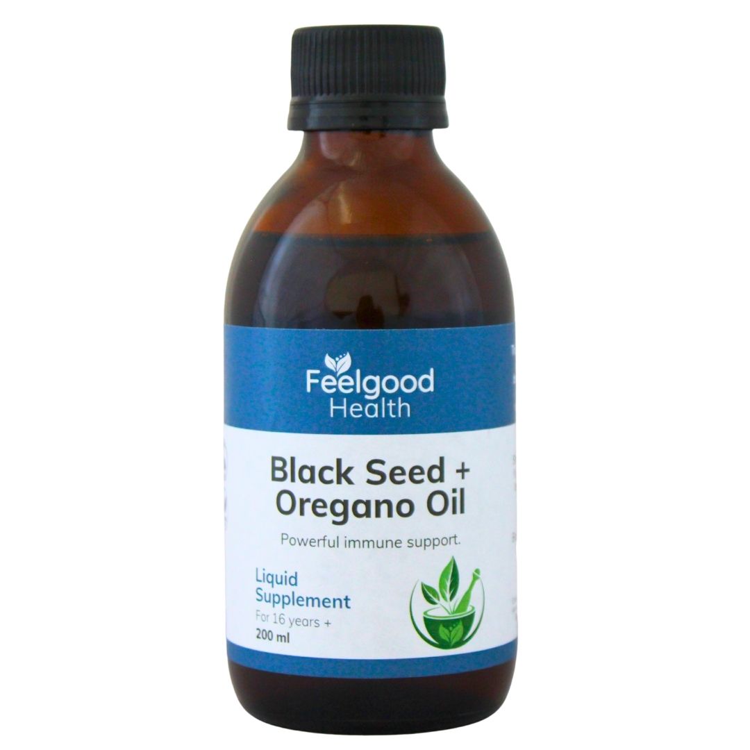 A blend of black seed and oregano oil in a 200ml bottle, strong immune supplement