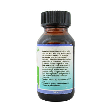 Blissful Baby Massage Oil bottle showing product information, directions for use, ingredients and safety details.