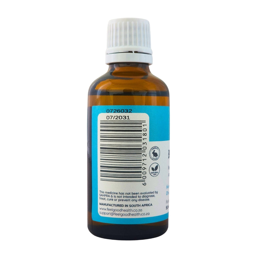 Feelgood Health BrightSpark 50ml bottle left view showing barcode and product information