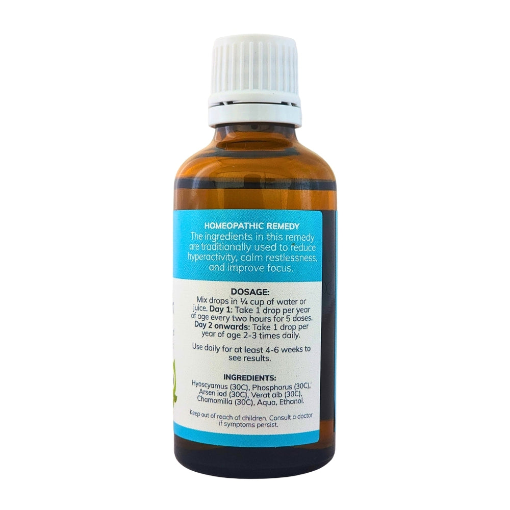 Feelgood Health BrightSpark 50ml bottle showing the ingredients label with directions for use and supplement facts.