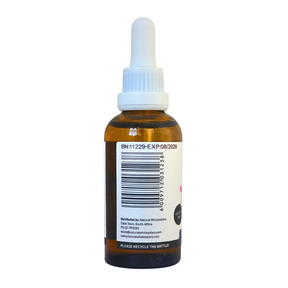 Devoted by Nature Calm Drops 50ml bottle left view showing barcode and product information