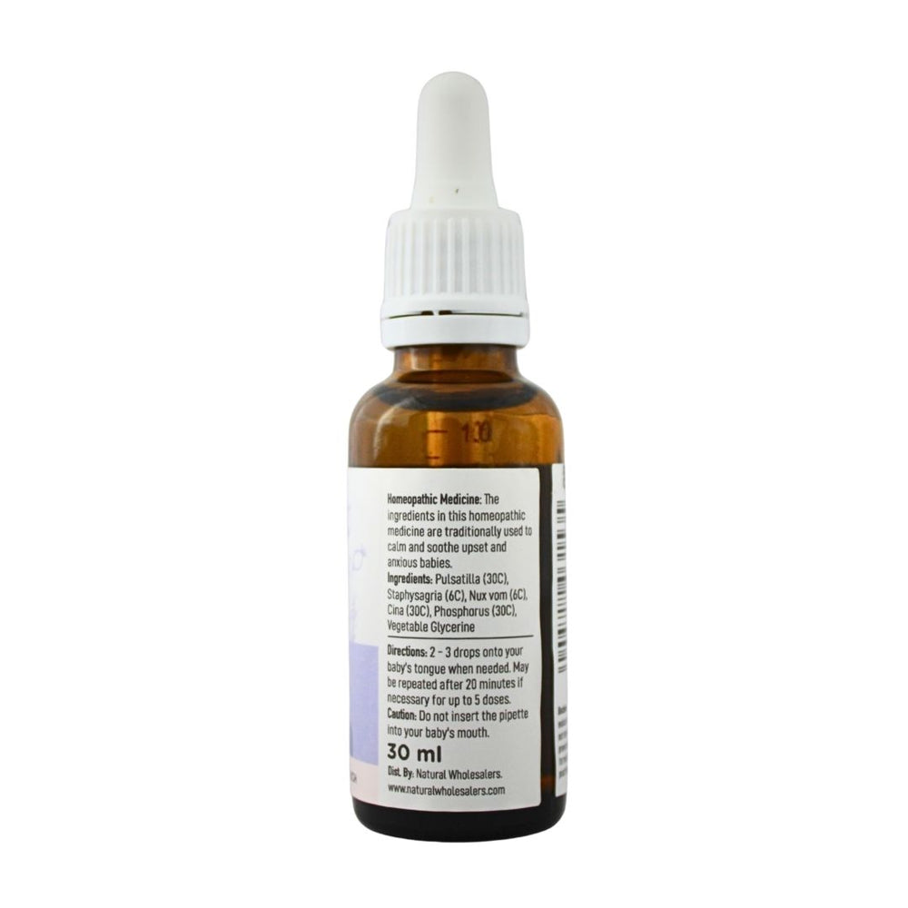 BabyNature Calming drops bottle showing ingredients, directions, and claims that it contains no artificial ingredients and is safe for babies.