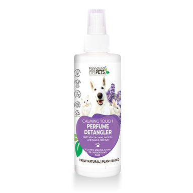 Pannatural Pets calming touch perfume detangler for pets, made with natural ingredients and soothing lavender and sage aroma.