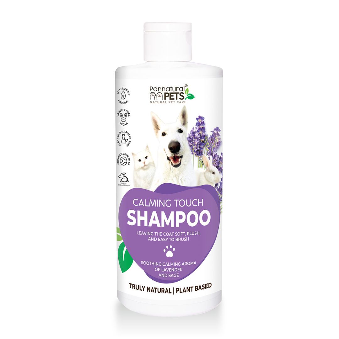 Natural pet shampoo with soothing lavender and sage to calm your pet and leave their coat soft, plush, and easy to brush.