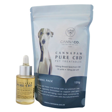 Cannapaw Pure CBD pet treats and CBD oil bottle for dogs on a clean background