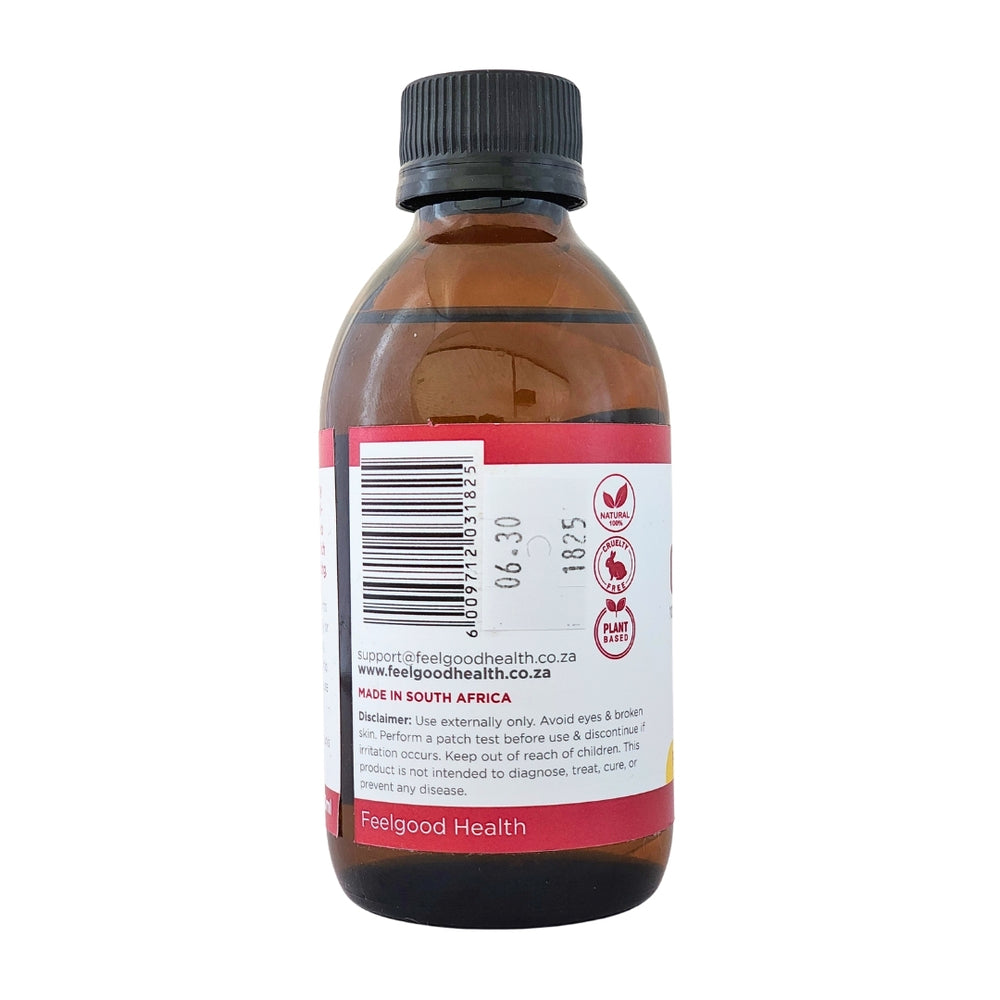 Feelgood Health Organic Castor Oil 200ml bottle left view showing barcode and product information