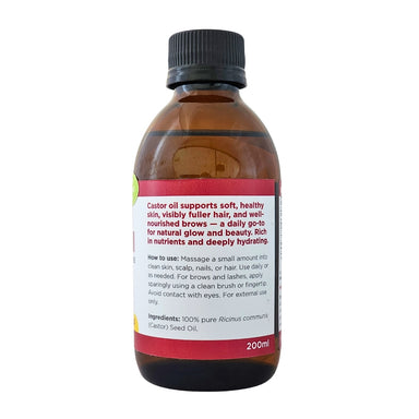 Feelgood Health Castor Oil 200ml bottle showing the ingredients label with directions for use and supplement facts.