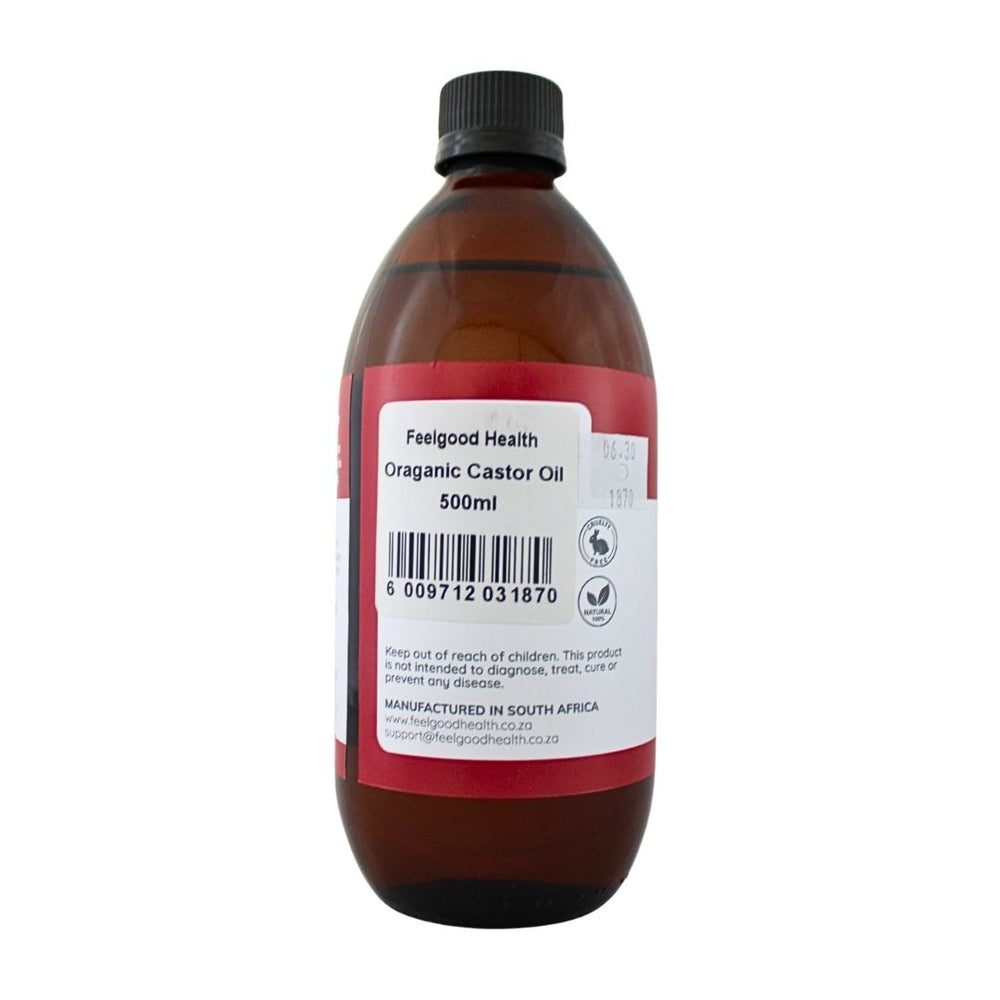 Organic Castor Oil 500ml bottle left view showing barcode and product information