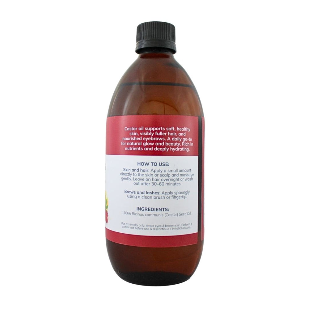Castor Oil 500ml bottle showing the ingredients label with directions for use and supplement facts.