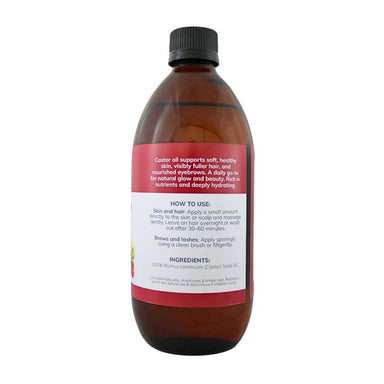Castor Oil 500ml bottle showing the ingredients label with directions for use and supplement facts.
