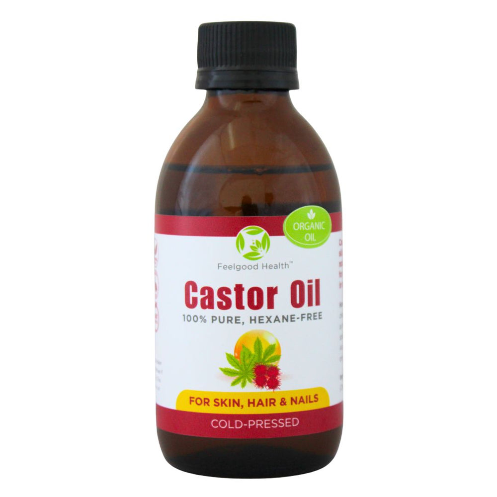 Feelgood Health Castor Oil – 100% Pure, Cold-Pressed, Organic oil for skin, hair and nails - 200ml white background