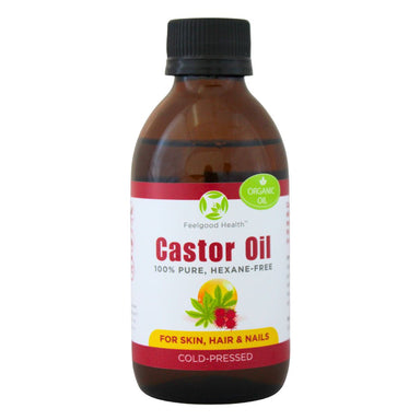 Feelgood Health Castor Oil – 100% Pure, Cold-Pressed, Organic oil for skin, hair and nails - 200ml white background