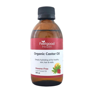 Feelgood Health Castor Oil – 100% Pure, Cold-Pressed, Organic oil for skin, hair and nails - 200ml white background
