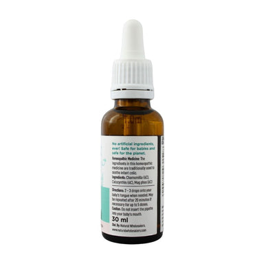 BabyNature Colic Drops Bottle showing ingredients, directions, and claims that it contains no artificial ingredients and is safe for babies.