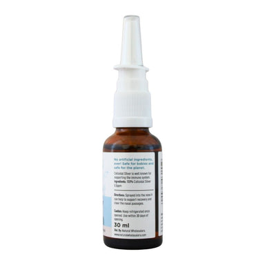 BabyNature Colloidal Silver Nasal Spray showing ingredients, directions, and claims that it contains no artificial ingredients and is safe for babies.