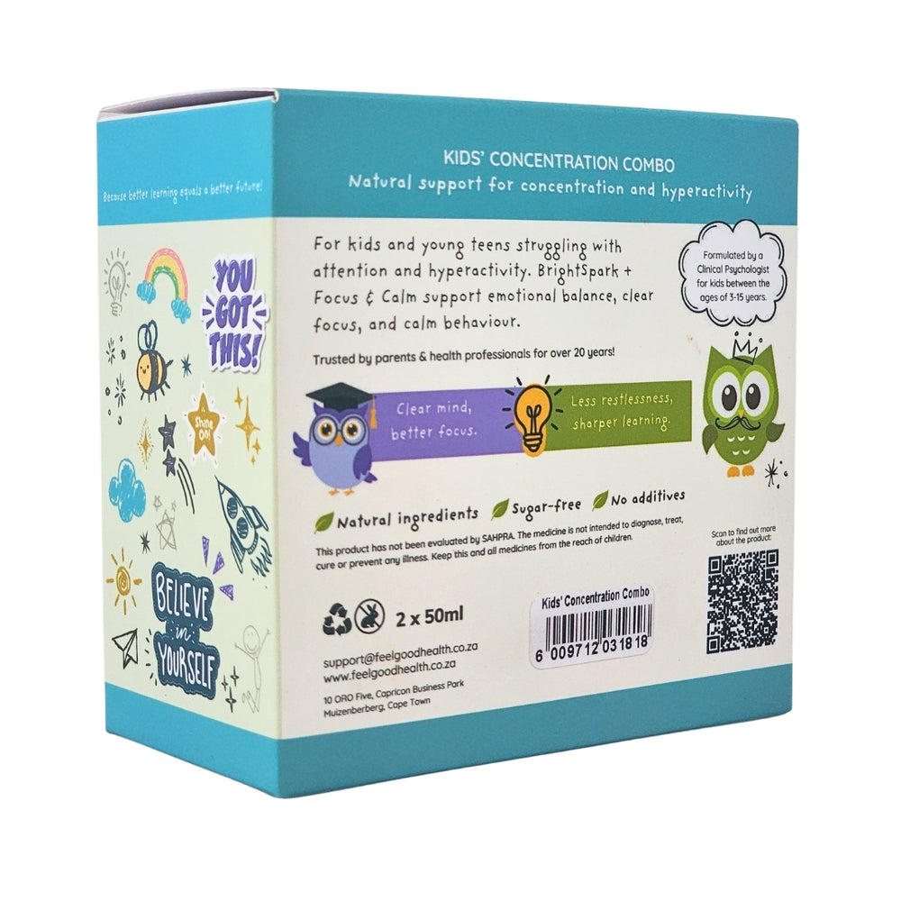 Feelgood Health Kids’ Concentration Combo packaging showing natural support for concentration and hyperactivity, with product benefits, ingredients, age range, and product details.