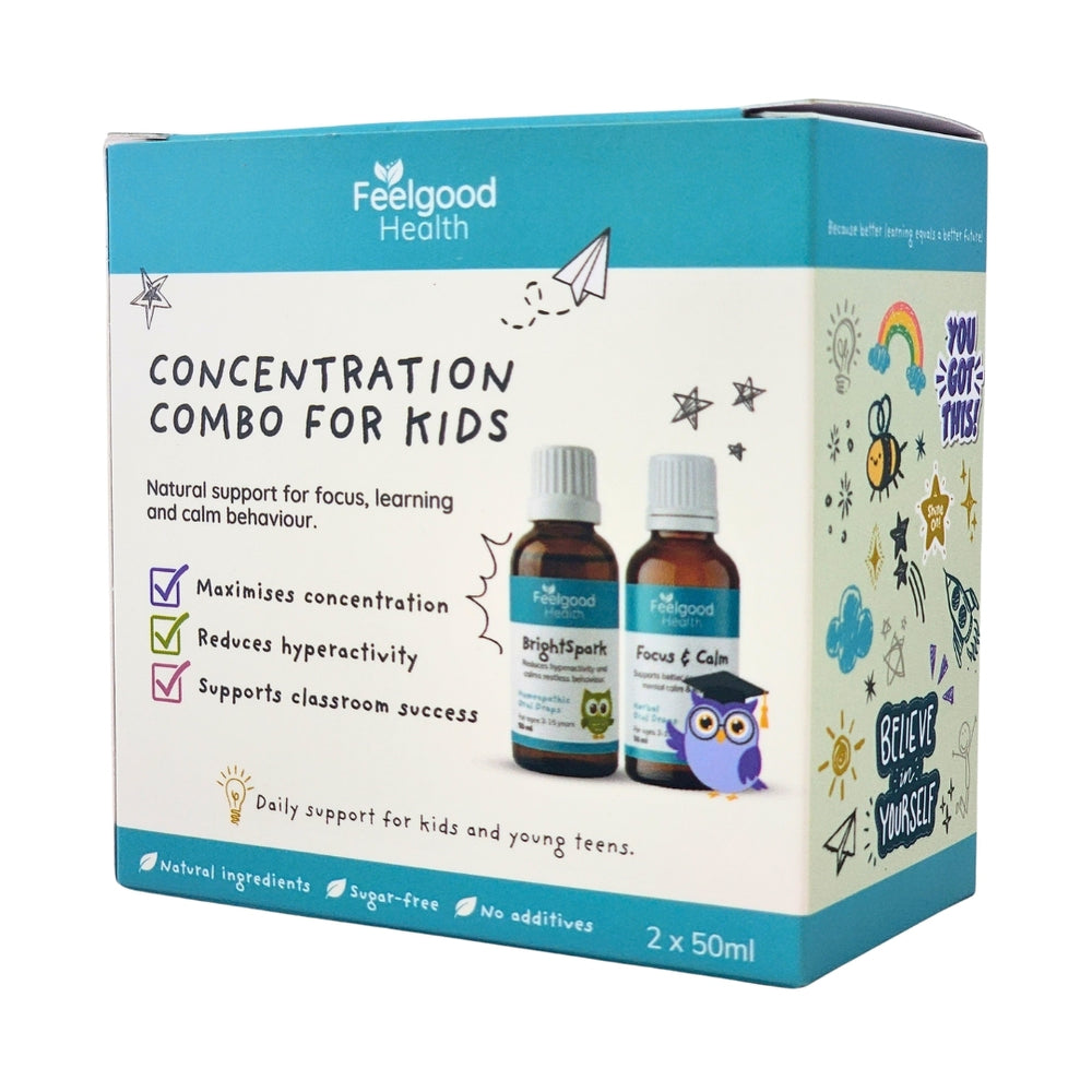 Feelgood Health BrightSpark + Focus & Calm Combo Box - Natural Herbal Concentration Supplements - Homeopathic Remedy for ADHD Hyperactivity