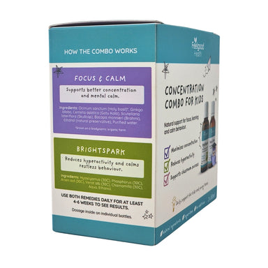 Feelgood Health Concentration Combo for Kids box showing how the combo works, with Focus & Calm benefits and ingredients, BrightSpark ingredients and hyperactivity support, plus daily use instructions.