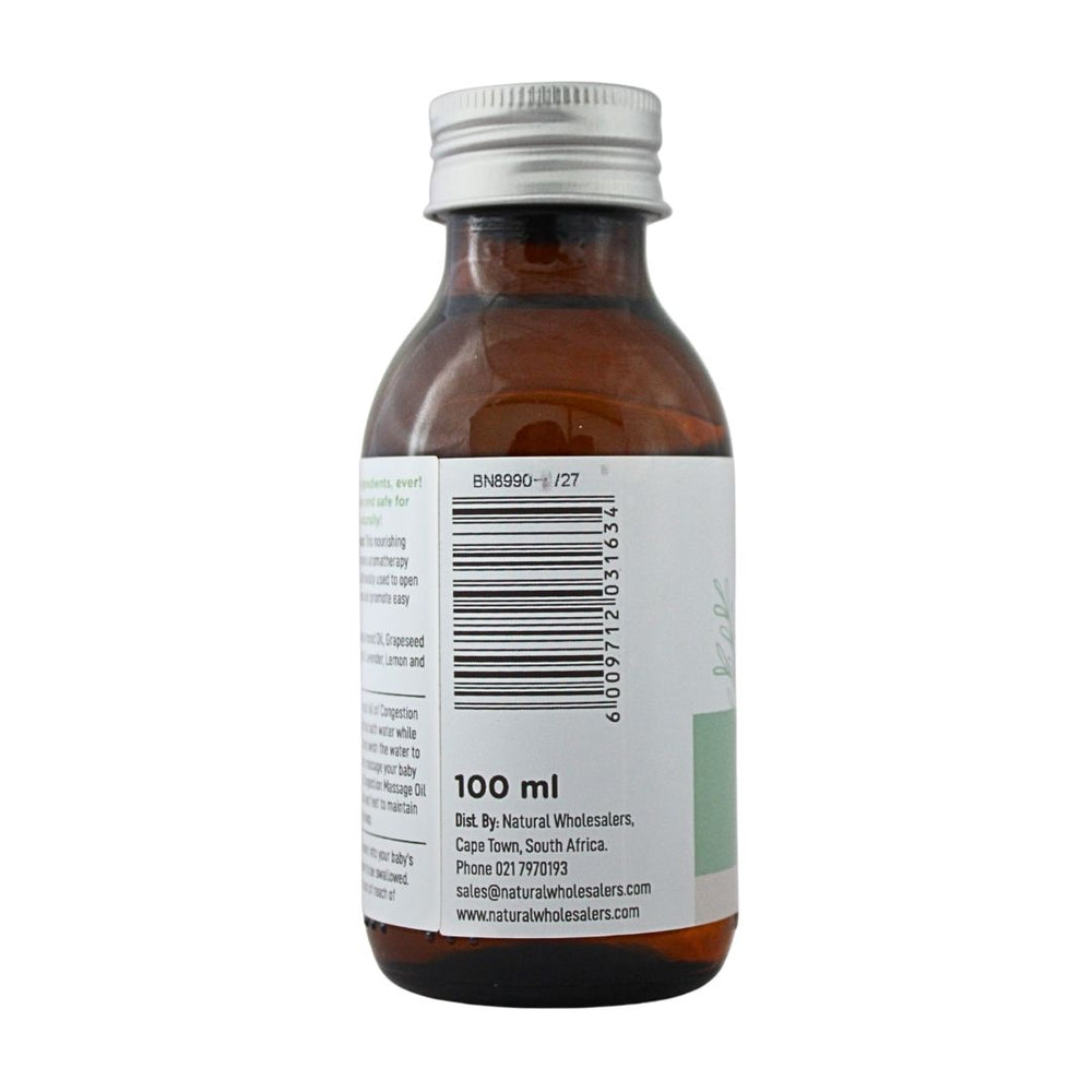 Baby Nature Congestion Baby Oil bottle showing the barcode, 100 ml size, and distributor details.