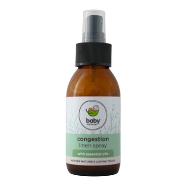 Baby Nature Congestion Linen Spray 100ml bottle with essential oils, shown from the front.