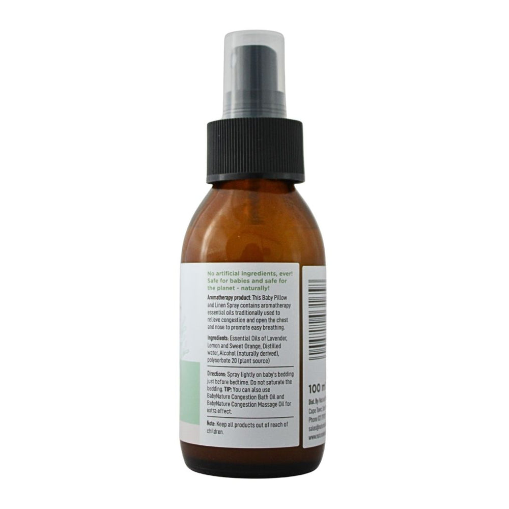 BabyNature Congestion Linen Spray 100ml – back label with ingredients, directions and safety information.