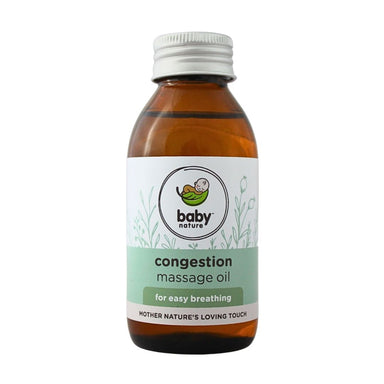 Baby Nature Congestion Massage Oil bottle labelled “for easy breathing” with the Baby Nature logo and “Mother Nature’s Loving Touch” tagline.