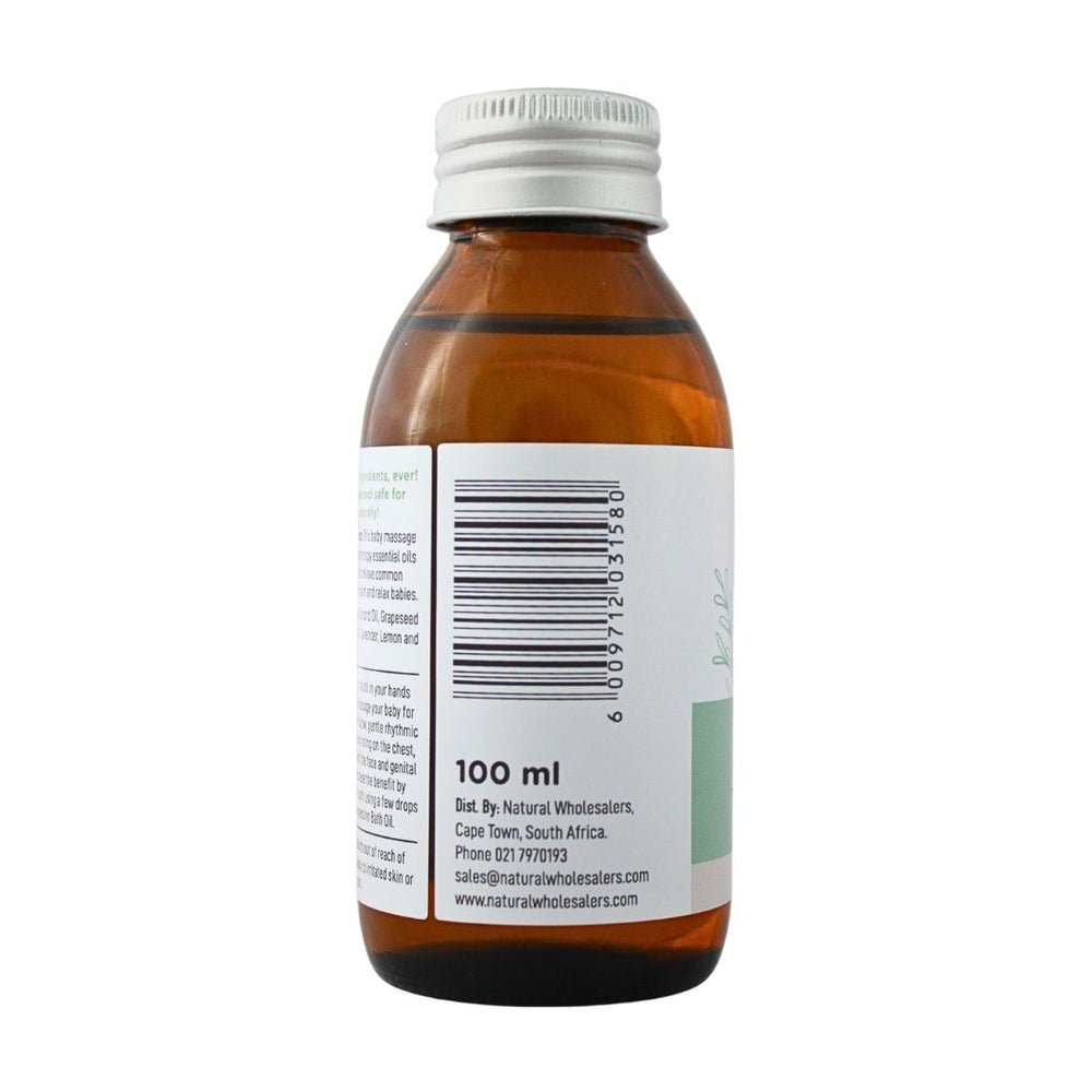 Baby Nature Congestion Massage Oil bottle showing the barcode, 100 ml size, and distributor details.