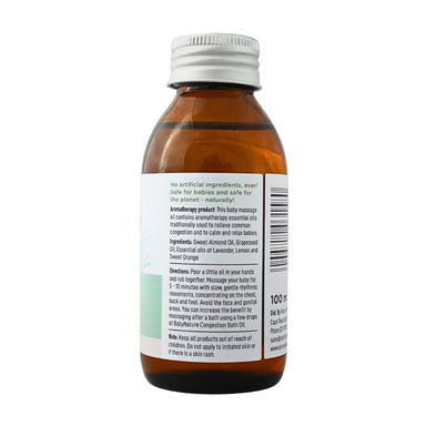 BabyNature Congestion Massage Oil bottle showing product information, ingredients, directions, and safety instructions.